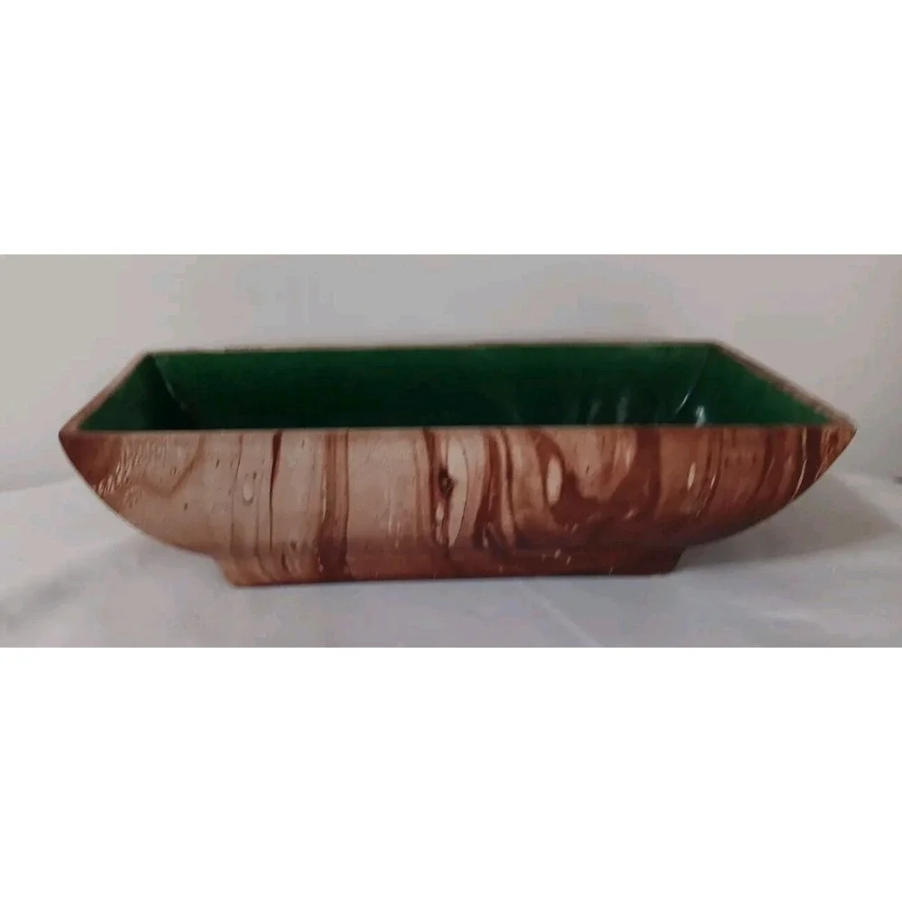 Vtg Romco Rocky Mountain Pottery Planter‎ Faux Wood Grain Green Glaze Int. READ